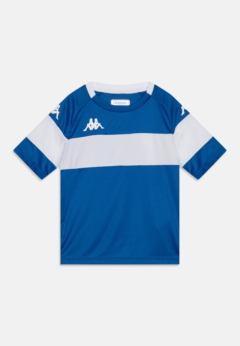 Camisa azul de manga curta com riscas horizontais brancas, fabricada em tecido suave; apresenta o logótipo da Kappa em ambas as mangas em branco.
