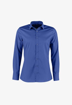 Blaues Langarmhemd aus glattem Stoff mit durchgehender Knopfleiste, Kragen und tailliertem Design in einheitlicher Farbe.