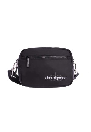 Bolso de hombro negro de nailon con cierre de cremallera, que presenta un bolsillo frontal y un logo plateado. Correa ajustable para mayor versatilidad.