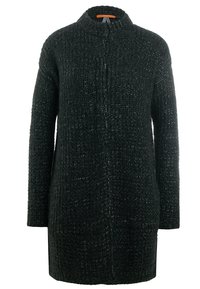 Dark green knitted cardigan with a high collar, long sleeves, open front, and textured pattern throughout. No visible fastenings or pockets.