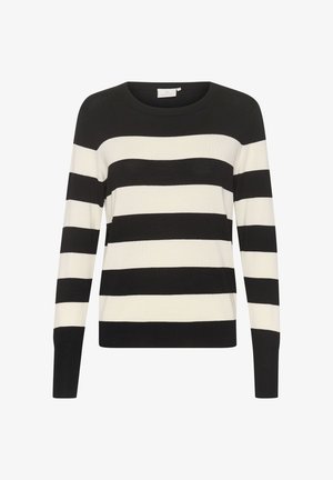 Pull à rayures noir et blanc avec des manches longues, col rond et une texture douce. Les rayures horizontales créent un motif contrasté.
