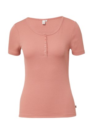 Short-sleeve, ribbed pink t-shirt with a scoop neckline and five button placket. Fabric appears smooth and stretchy.