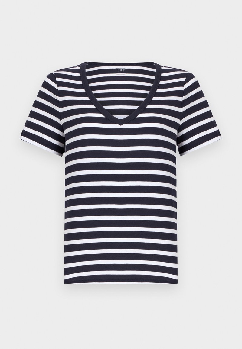 Niebiesko-białe koszulka w paski z krótkim rękawem, dekoltem w serek i miękkim bawełnianym materiałem. Skrojona na luźny fason.