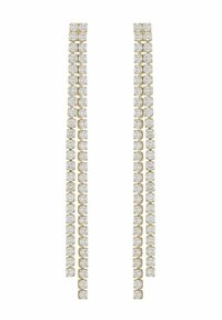 Guldtonade örhängen med två vertikala strängar av klara, glittrande kristaller i en fyrkantig design, som visar en slank, förlängd form.