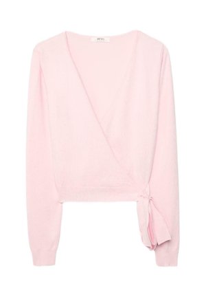 Svetloružový dlhý rukáv, zavinovací sveter s výstrihom do V a detailom viazania na boku v páse, s rebrovanými rukávmi a krátkym strihom.