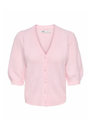 Cardigan rose tendre à manches courtes avec col en V, poignets côtelés et cinq boutons recouverts sur le devant.