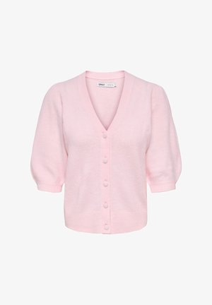 Pehme roosa lühikeste varrukatega kardigan, V-kaelusega, soonikkoes mansettidega ja ees viie kaetud nööbiga.