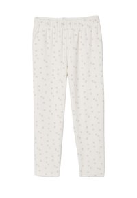 White pajama pants with a polka dot pattern in light gray. Features an elastic waistband and two side pockets. Soft fabric texture.