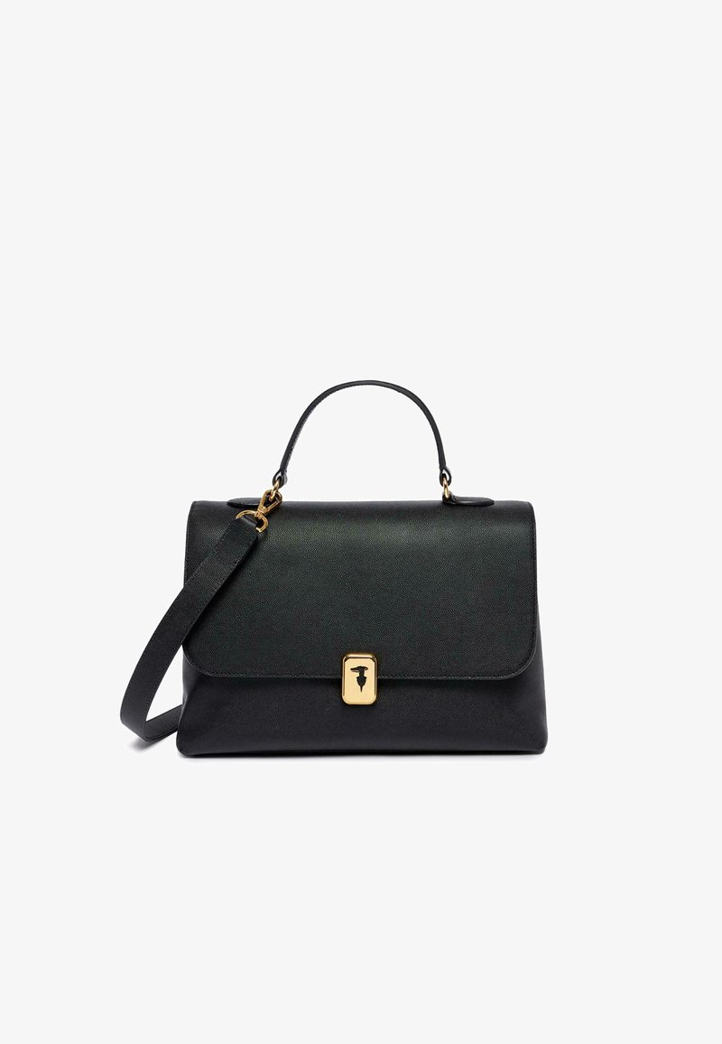 Borsa a mano in pelle nera con un design strutturato, accessori in oro e manico superiore. Presenta un dettaglio di chiusura anteriore e una tracolla staccabile.