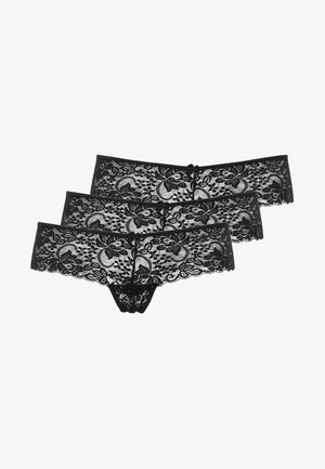 Zwart kanten slipjes set van drie, met bloemenpatronen, golvende randen en kleine strikjes aan de voorkant. Zachte, delicate textuur.