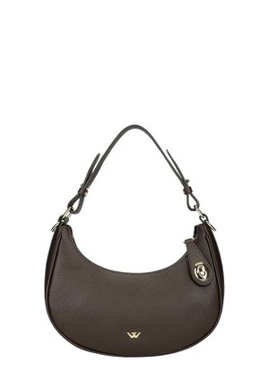 Braune, strukturierte Lederhandtasche mit geschwungener Form, einem kurzen Tragegurt und goldenen Hardware-Details mit Logo-Akzent.