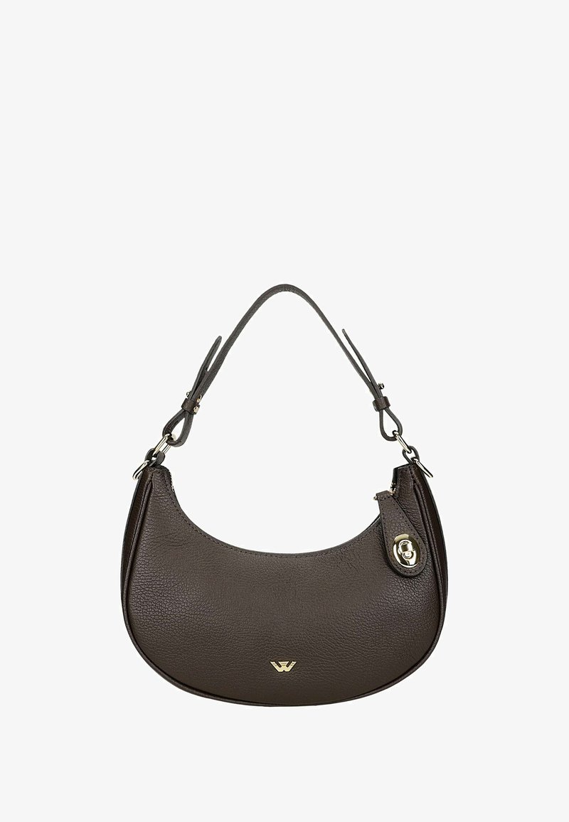 Borsa a tracolla in pelle marrone textured, con una forma curvata, una tracolla corta e un dettaglio in oro con logo.