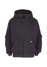 Sötétszürke cipzáras kapucnis pulóver, elülső zsebekkel, bordázott mandzsettákkal és hem, oldalsó zsebekkel az ujjakon és hozzákapcsolt kapucnival.