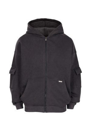 Tmavě šedá mikina na zip s předními kapsami, žebrovanými manžetami a spodním lemem, bočními kapsami na rukávech a připojenou kapucí.
