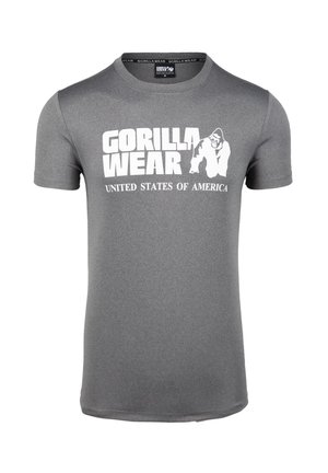 Grijze korte mouwen t-shirt gemaakt van zachte stof, met grote witte tekst die "GORILLA WEAR" zegt en een afbeelding van een gorilla.