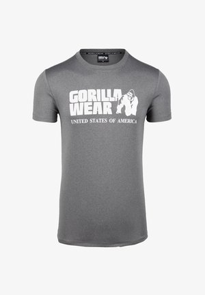 Grijze korte mouwen t-shirt gemaakt van zachte stof, met grote witte tekst die "GORILLA WEAR" zegt en een afbeelding van een gorilla.
