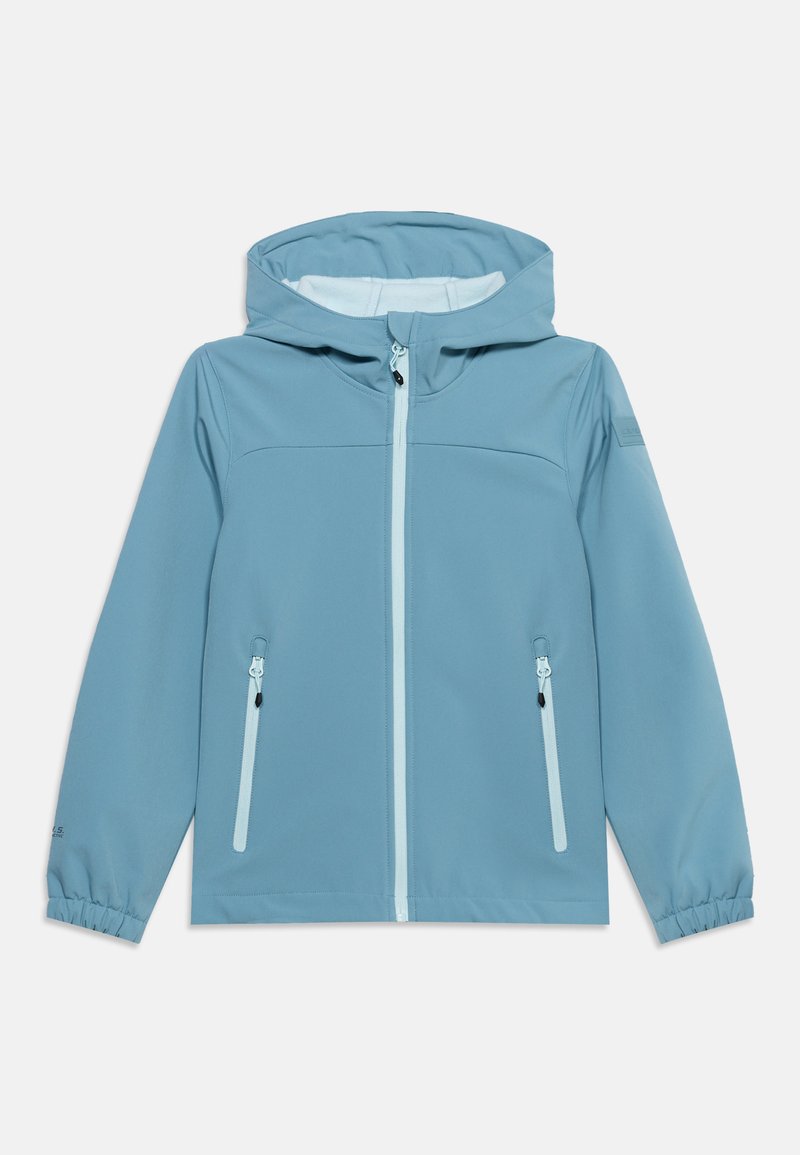 Veste à capuche bleu clair avec fermeture éclair frontale et deux poches zippées, poignets élastiques et tissu lisse, résistant à l'eau.
