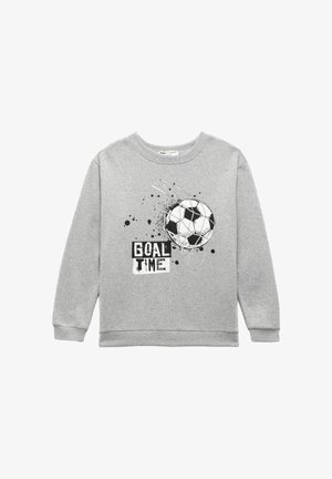 Grauer Kapuzenpullover mit einem Grafikdesign eines Fußballs, verziert mit Spritzern und Linien. Der Text lautet "TORZEIT" in fetten schwarzen Buchstaben.