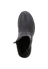 Black leather ankle boot with a zip closure, rounded toe, stitched detailing, and a textured interior lining for warmth.