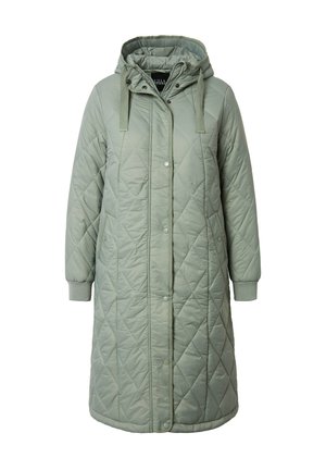 Gequilted lange jas in lichtgroen met een capuchon. Voorzien van drukknoopsluiting, twee zijzakken en geribbelde manchetten. Zacht, gestructureerd materiaal.