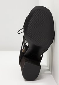 Chaussure à talons hauts en daim noir avec une plateforme texturée et une semelle en caoutchouc solide. Comprend des brides à la cheville et des accents métalliques.