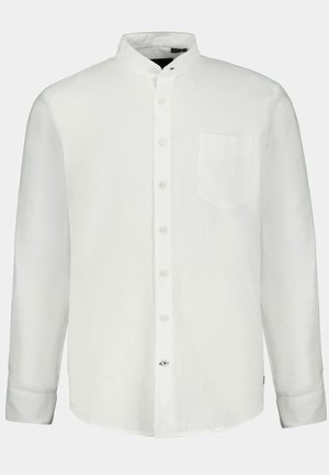 Chemise blanche à manches longues en tissu léger, avec une patte de boutonnage, un col mandarin et une poche poitrine simple.