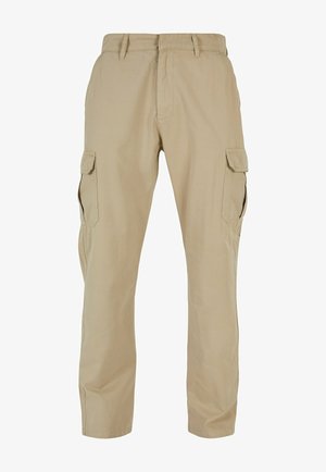 Beige cargo püksid, mis on valmistatud puuvillast twill-kangast, mitmete küljetaskutega, sirge jala disainiga ja lukuga põhipaela ning vöökandjatega.