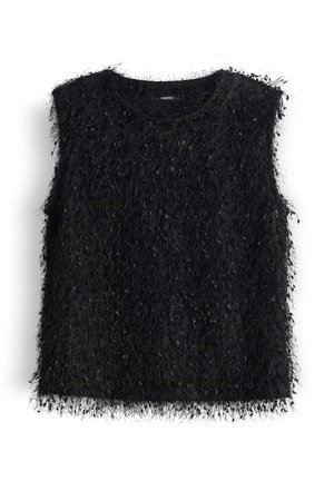 Schwarzes ärmelloses Top aus fuzzy, strukturiertem Stoff mit einem strubbligen Erscheinungsbild. Hat einen runden Ausschnitt und rohe Saumkanten.
