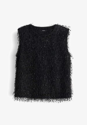 Schwarzes ärmelloses Top aus fuzzy, strukturiertem Stoff mit einem strubbligen Erscheinungsbild. Hat einen runden Ausschnitt und rohe Saumkanten.