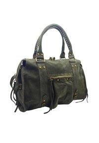 Sac à main en daim vert foncé avec deux poignées, une poche zippée à l'avant, des ferrures en métal doré et des détails de couture décoratifs.