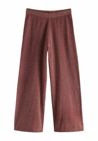 Široké nohavice v hlbokej burgundskej farbe, vyrobené z mäkkej, textúrovanej tkaniny. Majú elastický pás pre pohodlie.