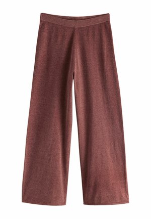 Weite Hosen in einem tiefen Burgunderrot, gefertigt aus weichem, strukturiertem Material. Sie verfügen über einen elastischen Bund für zusätzlichen Komfort.