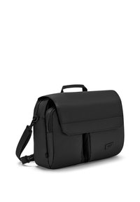 Czarna torba na ramię na laptopa z klapą, przednimi kieszeniami, górnym uchwytem i regulowanym paskiem na ramię.