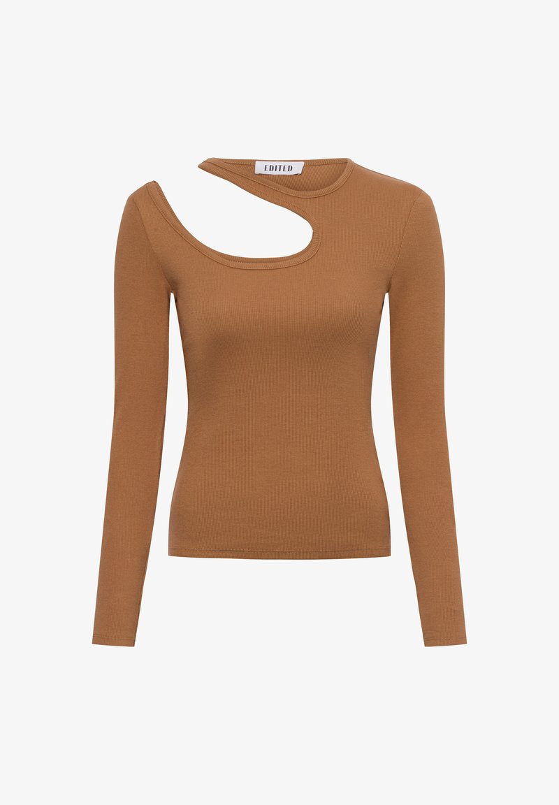 Braun gestreiftes Langarmoberteil mit asymmetrischem Ausschnitt und taillierter Silhouette. Weicher Stoff, schlichte Gestaltung und keine zusätzlichen Verzierungen.