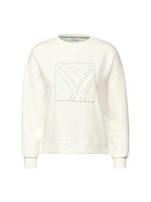 Sudadera blanca con un patrón cuadrado texturizado en la parte delantera, con cuello redondo y puños acanalados. Fabricada con una tela suave.