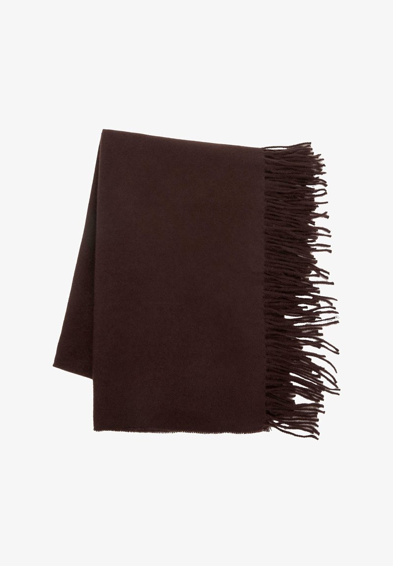 Brun frynset tørklæde lavet af blødt stof, der har en rektangulær form med jævne kanter og en glat overflade. Frynserne er jævnt klippet langs den ene side.