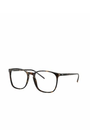 Montatura quadrata tartarugata con aste sottili e lenti trasparenti, con un piccolo logo sulla stanghetta.