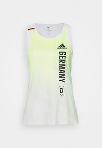Wit mouwloos sporttopje met een groen verloopontwerp, voorzien van "GERMANY" in dikke zwarte letters en het Adidas-logo, plus Olympische symbolen.