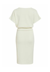 Robe ajustée ivoire longueur genou avec manches courtes amples et large ceinture froncée à la taille, vue de dos sur fond blanc.