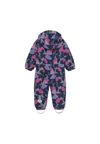 Mörkblå sn Overall med ett flerfärgat geometriskt mönster, som har en huva, elastiska ärmslut och integrerade fotremmar för en säker passform.
