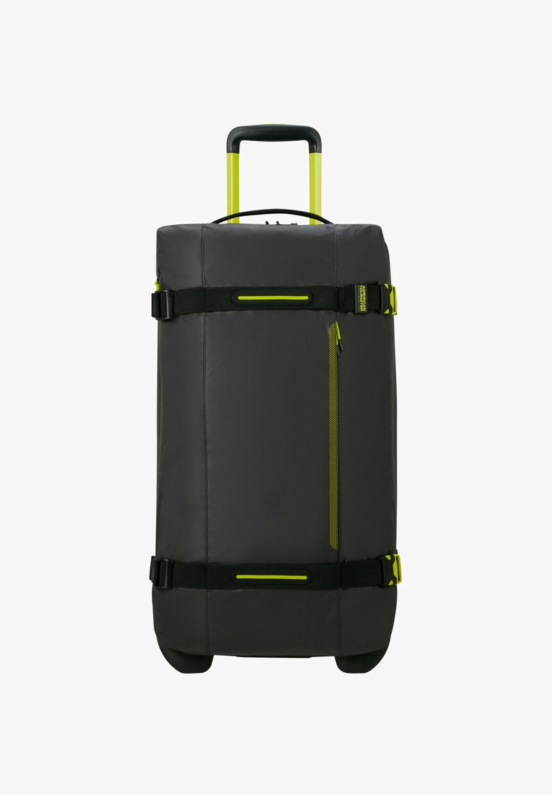 Schwarze Duffle-Tasche mit ausziehbarem Griff, gelben Akzenten und Nylonstoff. Verfügt über eine seitliche Reißverschlusstasche und verstellbare Träger.