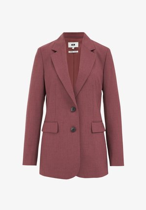 Bordový blejzer z textúrovanej látky, s vykrojeným golierom, dvoma prednými vreckami a dvoma čiernymi gombíkmi vpredu.