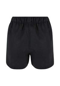 Short noir avec taille élastique, coupe ample et ourlet arrondi, vu de dos sur fond blanc.