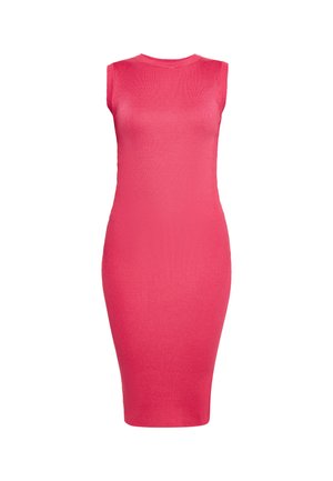 Strick-Midikleid mit figurnaher Silhouette, ärmellosem Design, rundem Ausschnitt und gerippter Textur in leuchtendem Pink.