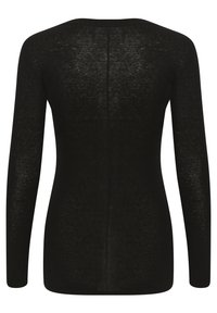Zwarte top met lange mouwen, gemaakt van een lichte, licht doorzichtige stof. Heeft een ronde halslijn en een centrale naad aan de achterkant met minimale details.