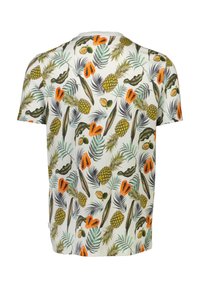 T-shirt med kort ärm i lätt tyg med ett färgglatt tropiskt frukttryck, inklusive ananaser och papayor, samt gröna blad.