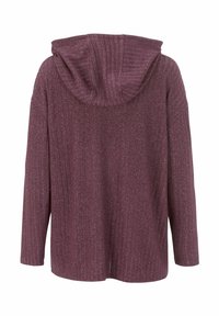 Capuchon pullover in diep bordeaux met een verticale ribstructuur. Lange mouwen, losse pasvorm en een eenvoudig ontwerp zonder versieringen.