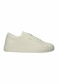 White leather sneakers with a smooth texture, round toe, and flat lace-up design. Features a subtle logo and a textured rubber sole.