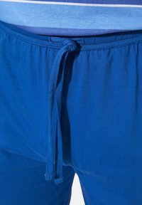Blue elastic waistband shorts with a drawstring, featuring a smooth cotton texture and a solid color design.