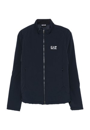 Giacca zip-up blu navy realizzata in un tessuto morbido. Presenta un colletto alto, due tasche laterali e un piccolo logo bianco sul lato sinistro del petto.